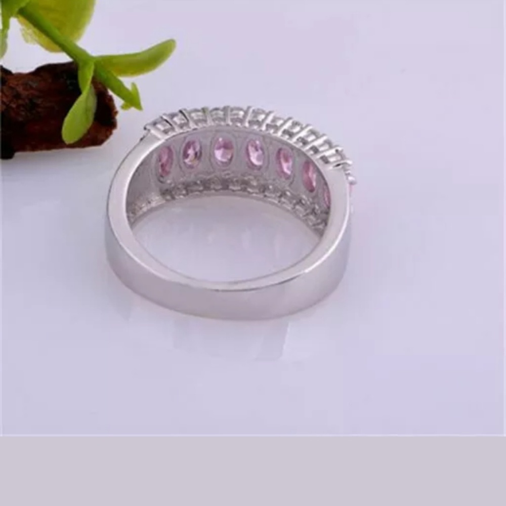 Pink Gemstone CZ Crystal Silver Wedding Ring sz: 7 - Picture 2 of 2